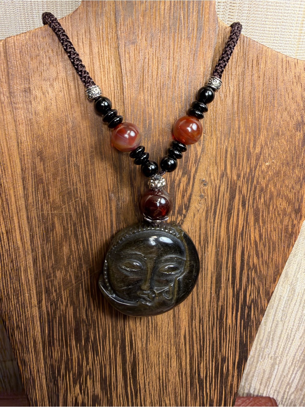 Silver Obsidian Moon Carving Pendant Necklace with Garnet on Adjustable Rope